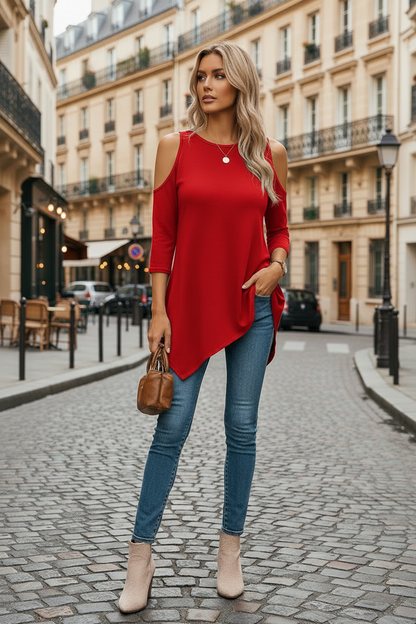 Blusa Mujer Asimétrica Hombros Descubiertos Corte Fluido