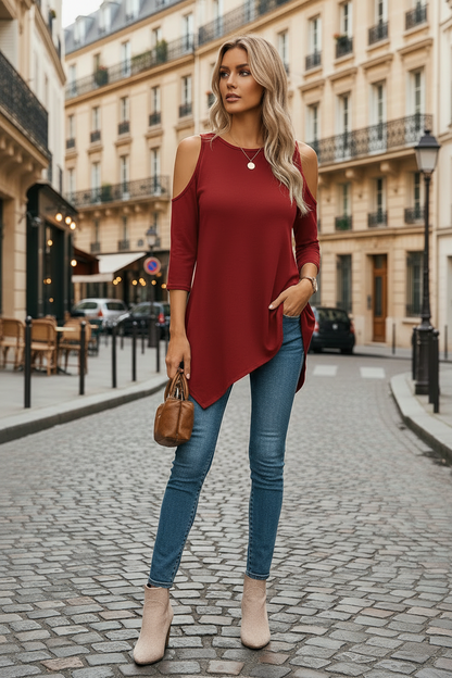 Blusa Mujer Asimétrica Hombros Descubiertos Corte Fluido