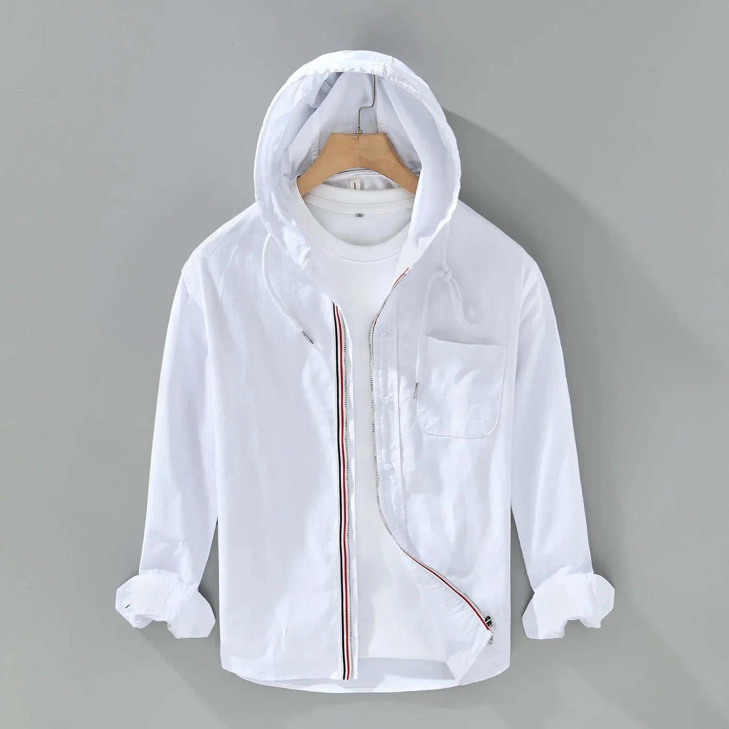 Camisa hombre de algodón manga larga con capucha y botones