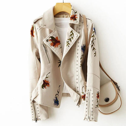 Chaqueta Biker Mujer Cuero Sintético Bordados Tachuelas - Mavetta
