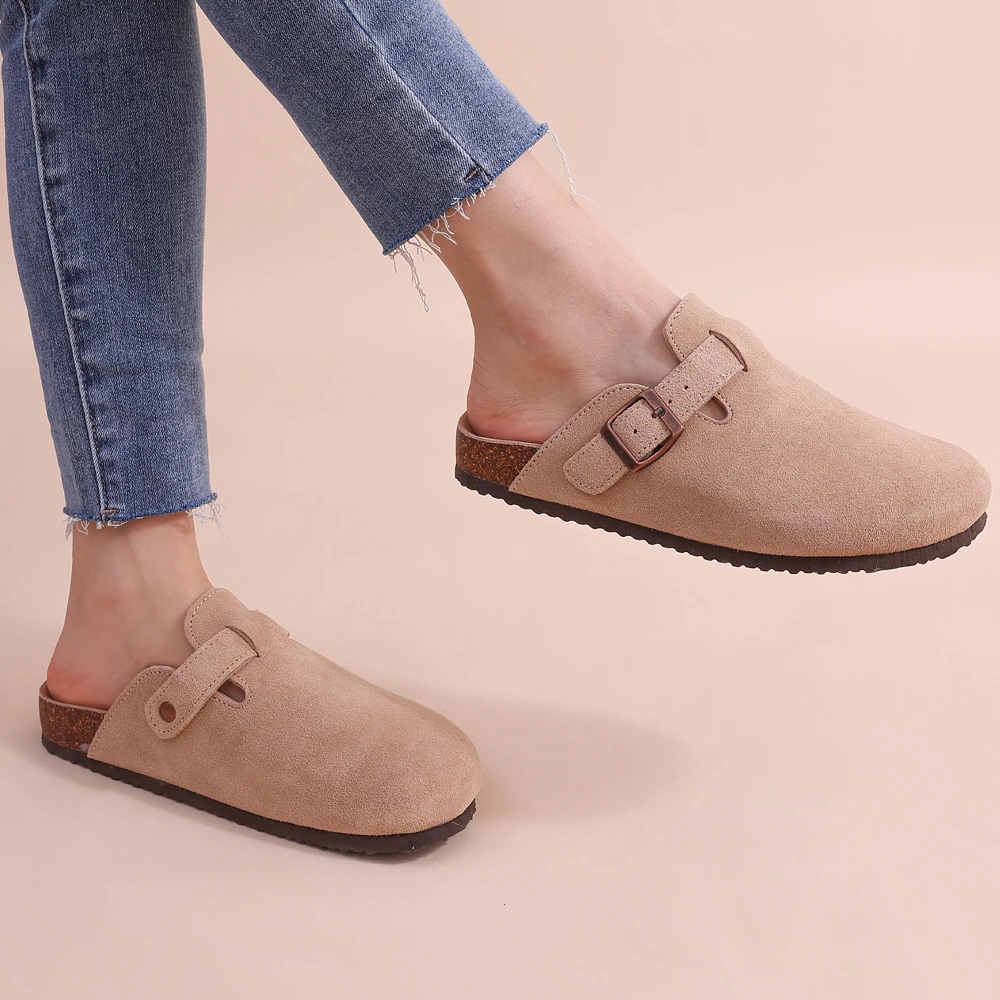 Zuecos Mujer de Gamuza Suela de Corcho Hebilla Ajustable