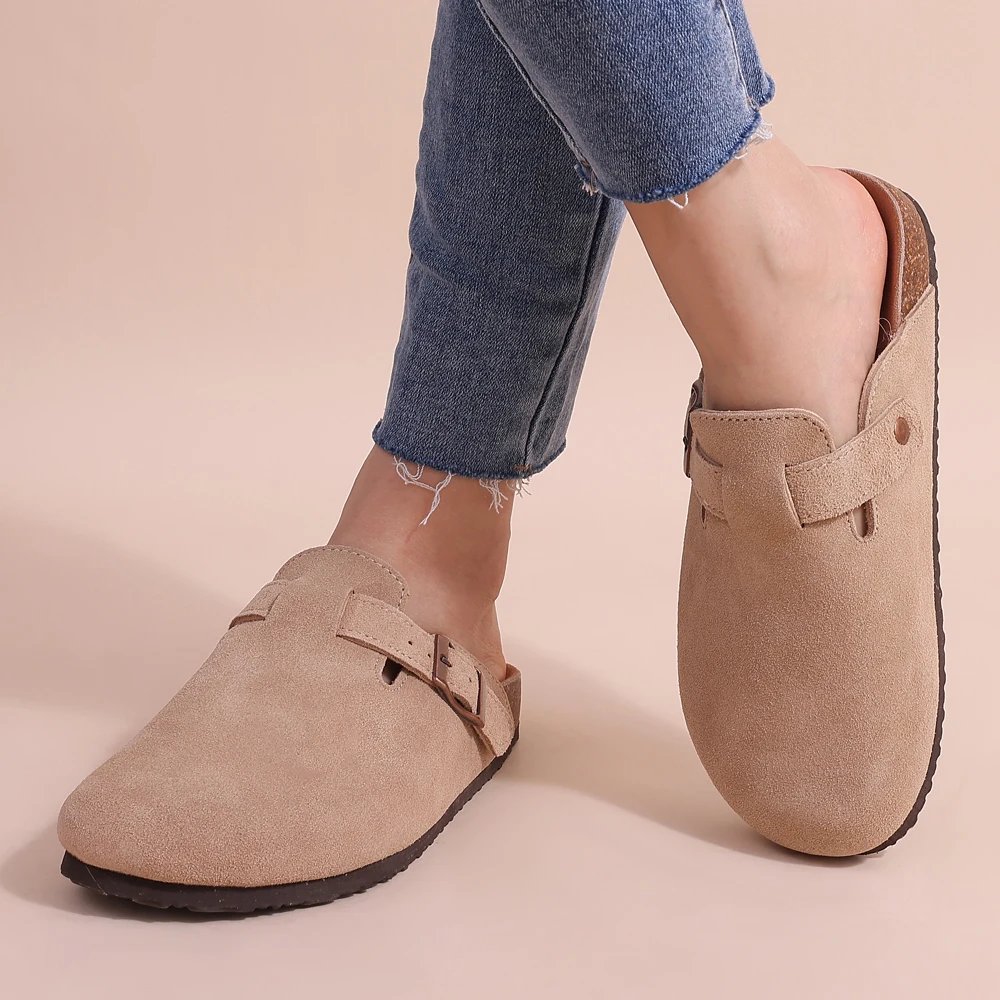 Zuecos Mujer de Gamuza Suela de Corcho Hebilla Ajustable