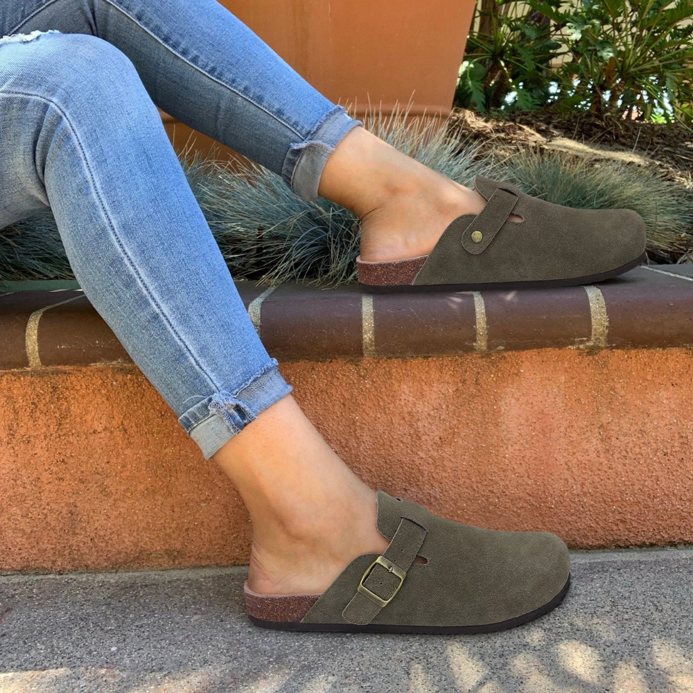 Zuecos Mujer de Gamuza Suela de Corcho Hebilla Ajustable