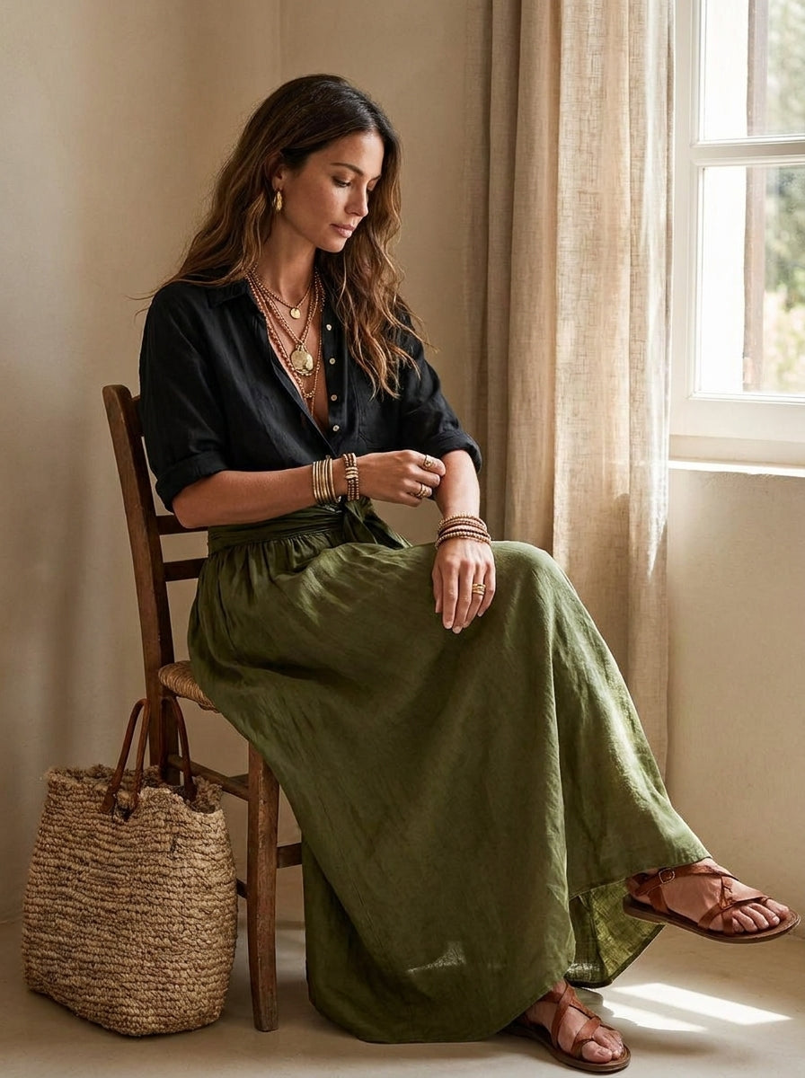 Conjunto Mujer Falda y Blusa Fluida Estilo Bohemio