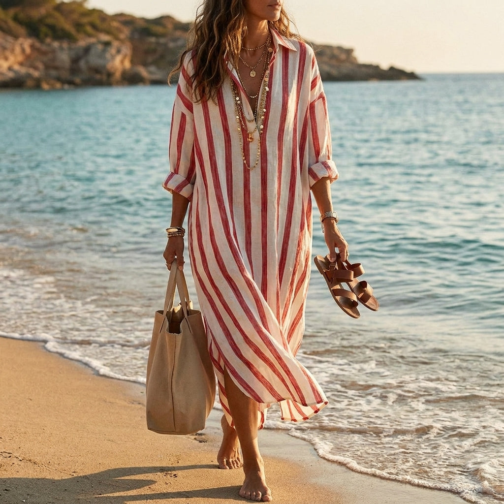 Vestido camisero largo mujer de rayas fluido