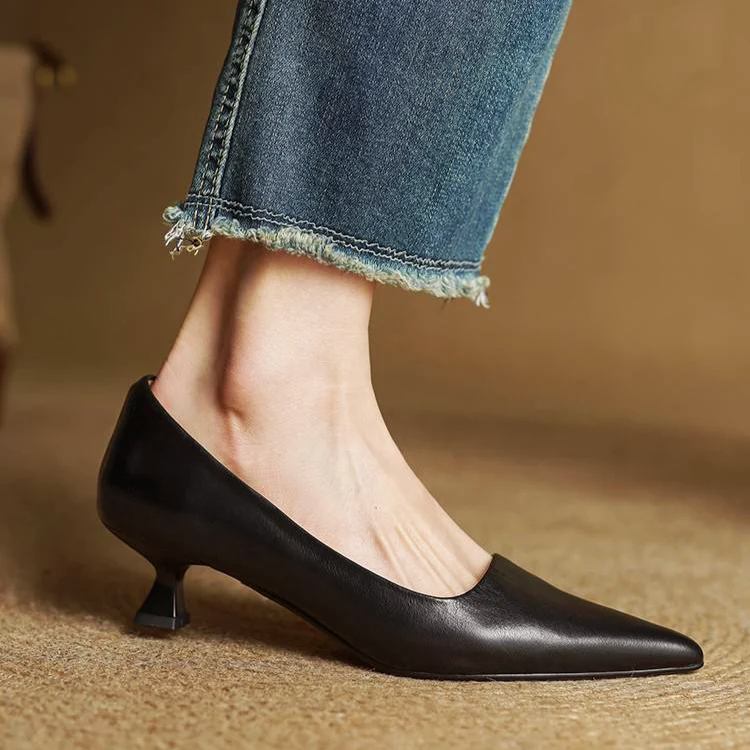 Zapatos de salón mujer cuero genuino punta fina tacón kitten