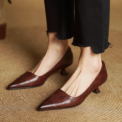 Zapatos de salón mujer cuero genuino punta fina tacón kitten