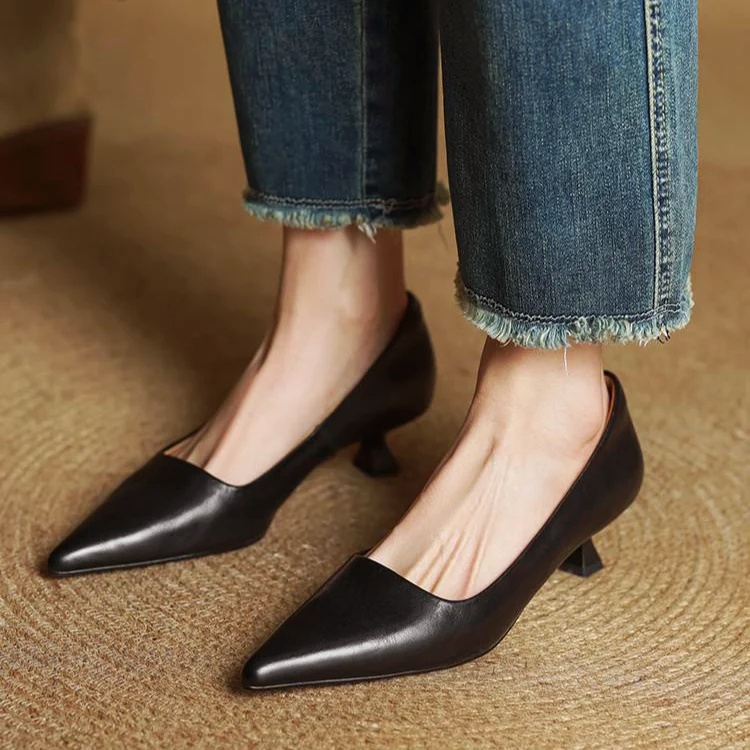 Zapatos de salón mujer cuero genuino punta fina tacón kitten