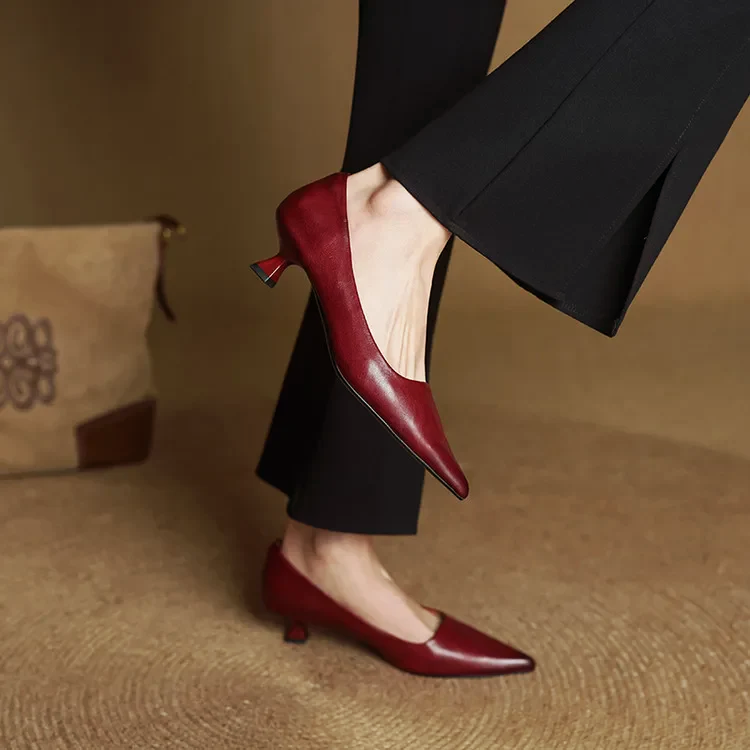 Zapatos de salón mujer cuero genuino punta fina tacón kitten