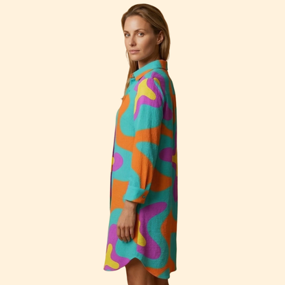 Vestido Playa Mujer Algodón Botones Manga Larga