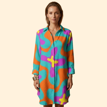 Vestido Playa Mujer Algodón Botones Manga Larga