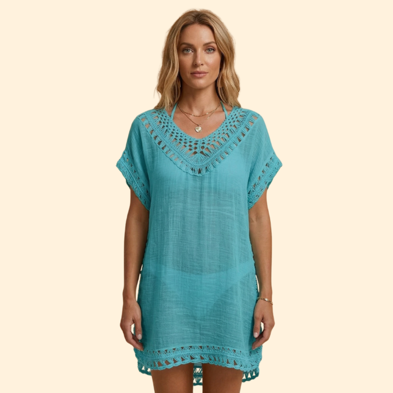 Vestido Playa Mujer con Escote en V y Detalles Ganchillo
