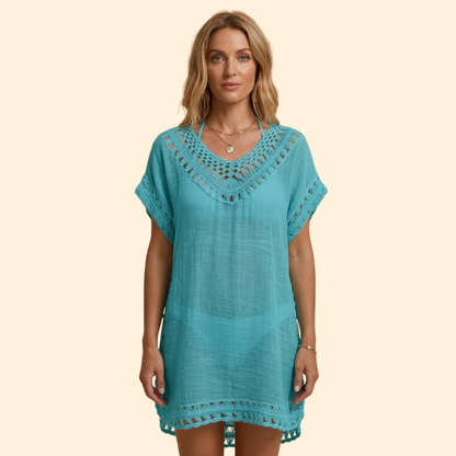 Vestido Playa Mujer con Escote en V y Detalles Ganchillo