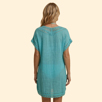 Vestido Playa Mujer con Escote en V y Detalles Ganchillo