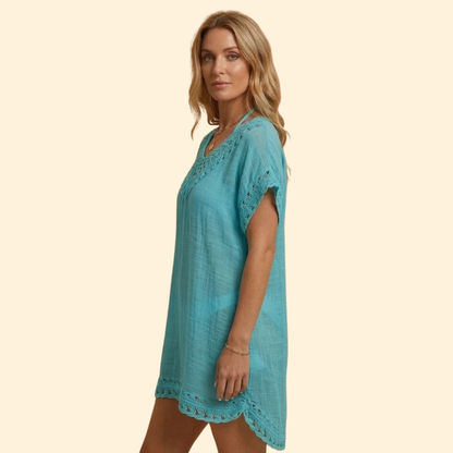 Vestido Playa Mujer con Escote en V y Detalles Ganchillo