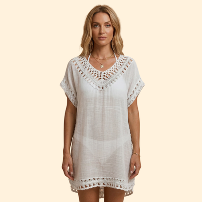 Vestido Playa Mujer con Escote en V y Detalles Ganchillo