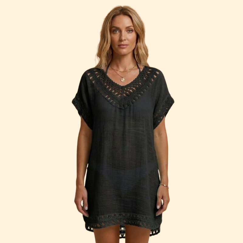 Vestido Playa Mujer con Escote en V y Detalles Ganchillo