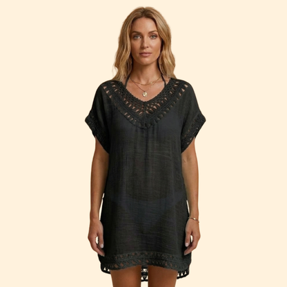 Vestido Playa Mujer con Escote en V y Detalles Ganchillo