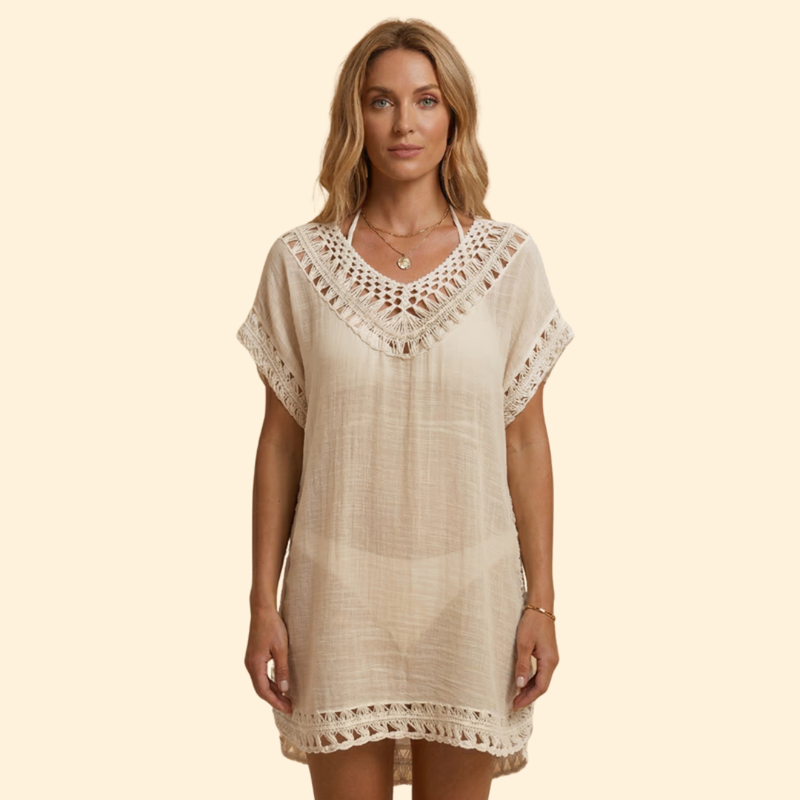 Vestido Playa Mujer con Escote en V y Detalles Ganchillo
