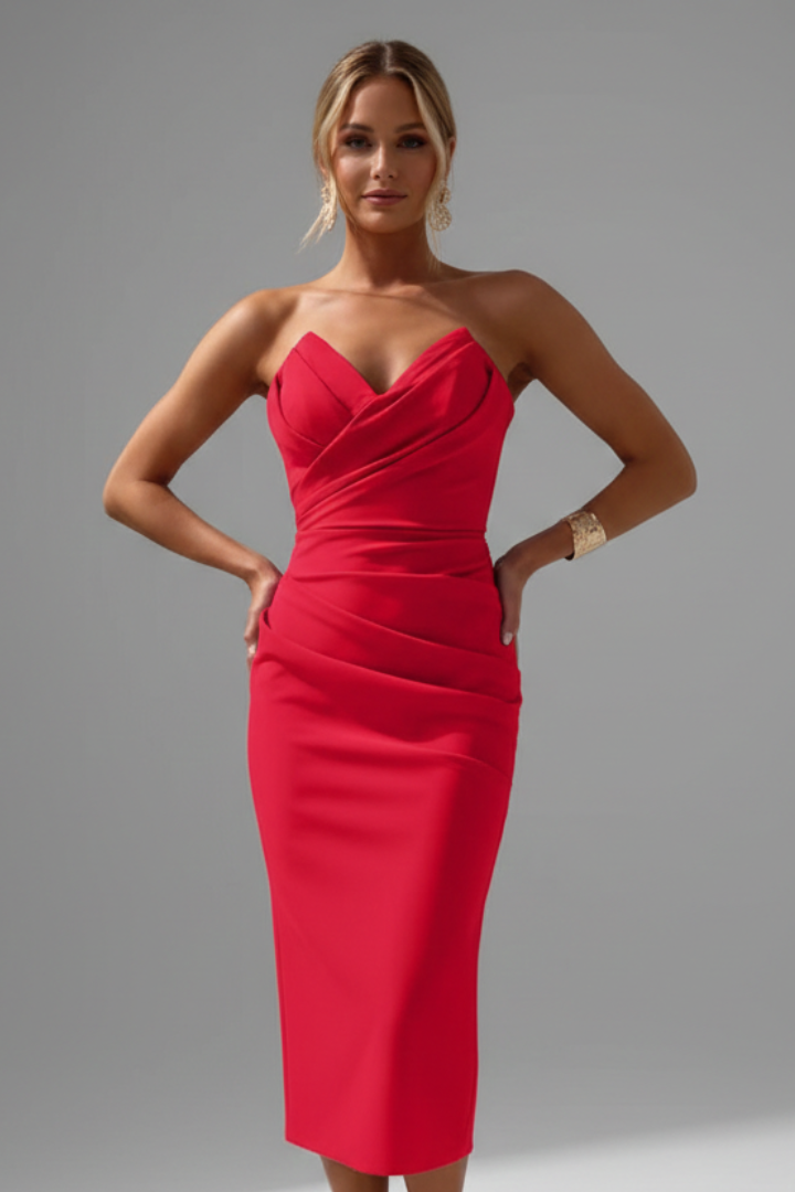 Vestido midi mujer sin tirantes detalle fruncido