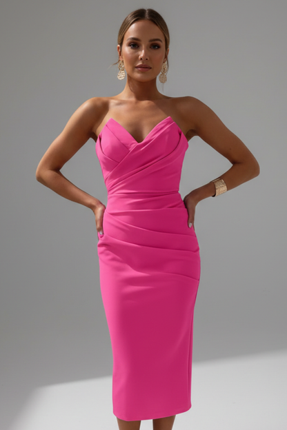 Vestido midi mujer sin tirantes detalle fruncido