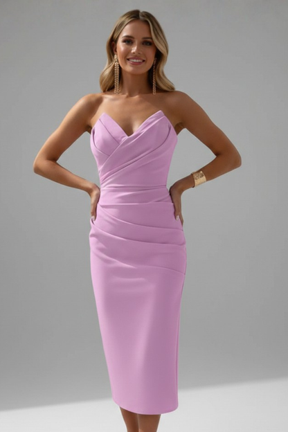 Vestido midi mujer sin tirantes detalle fruncido