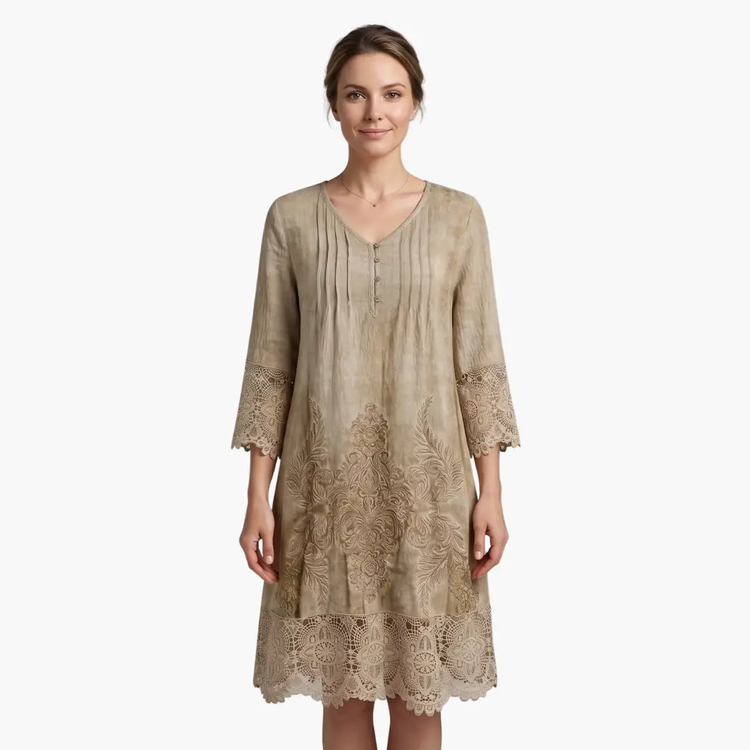 Vestido midi mujer de bordado manga corta