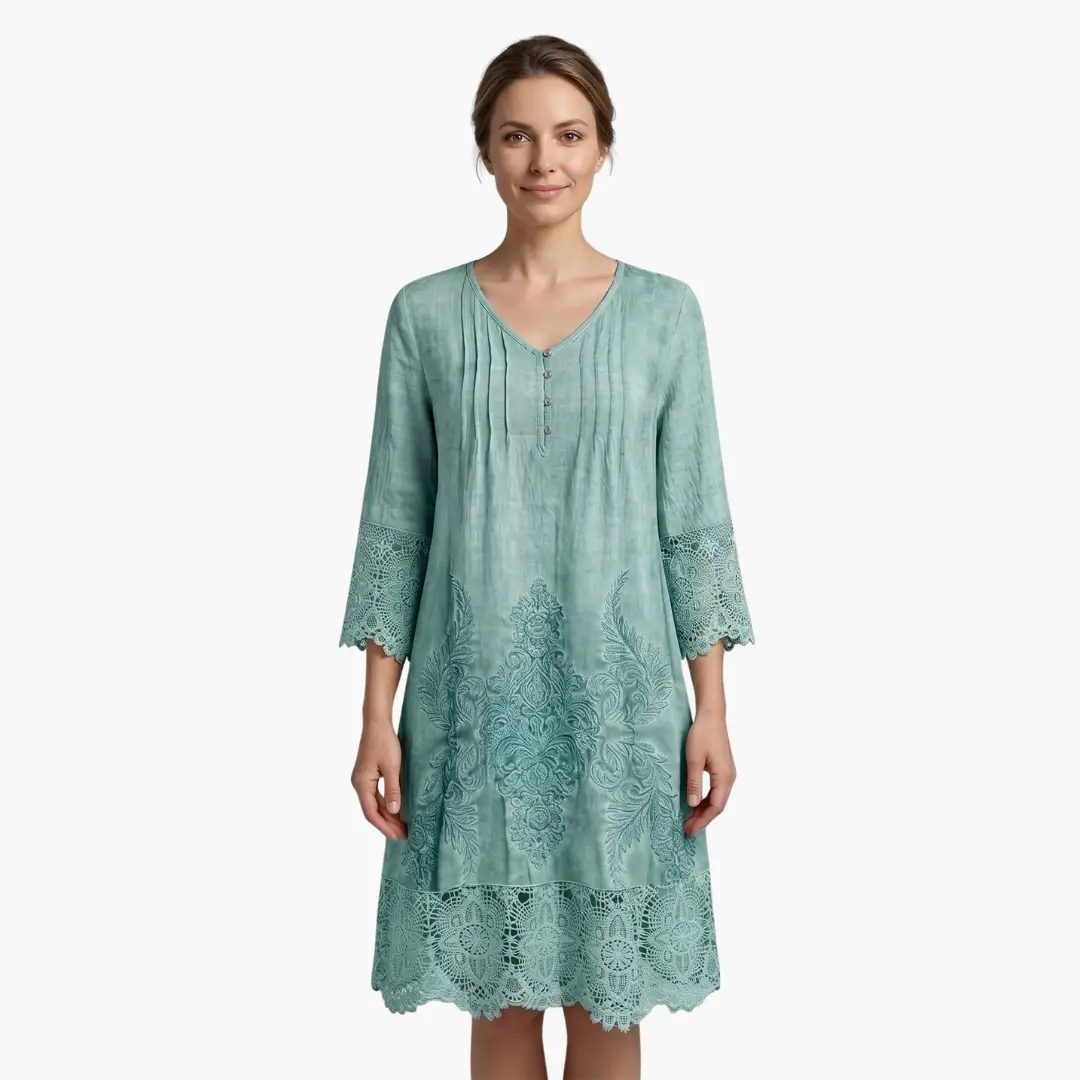 Vestido midi mujer de bordado manga corta