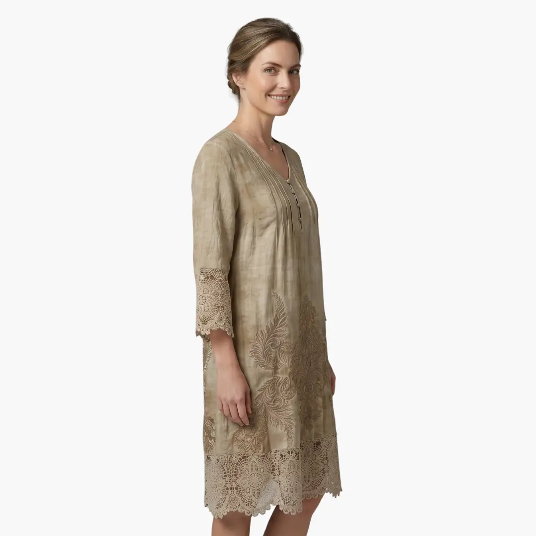Vestido midi mujer de bordado manga corta