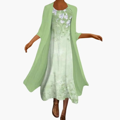 Conjunto mujer vestido maxi y cárdigan ligero
