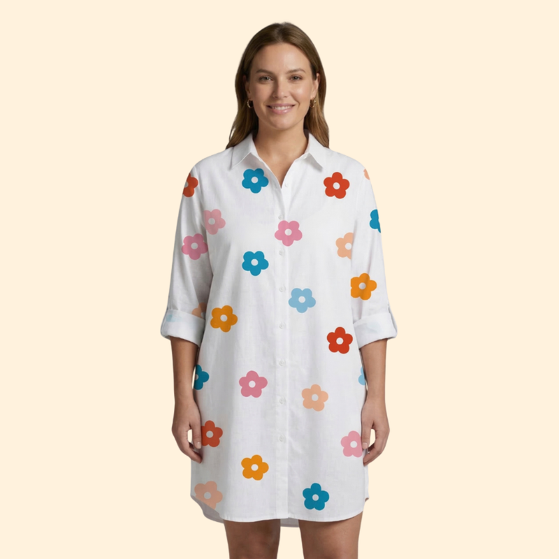 Vestido Camisero Mujer Playa Tela Ligera Manga Larga