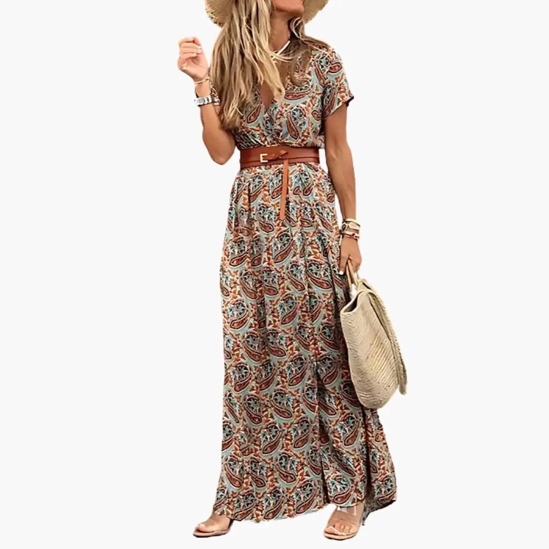 Vestido maxi mujer Manga corta Cintura fruncida