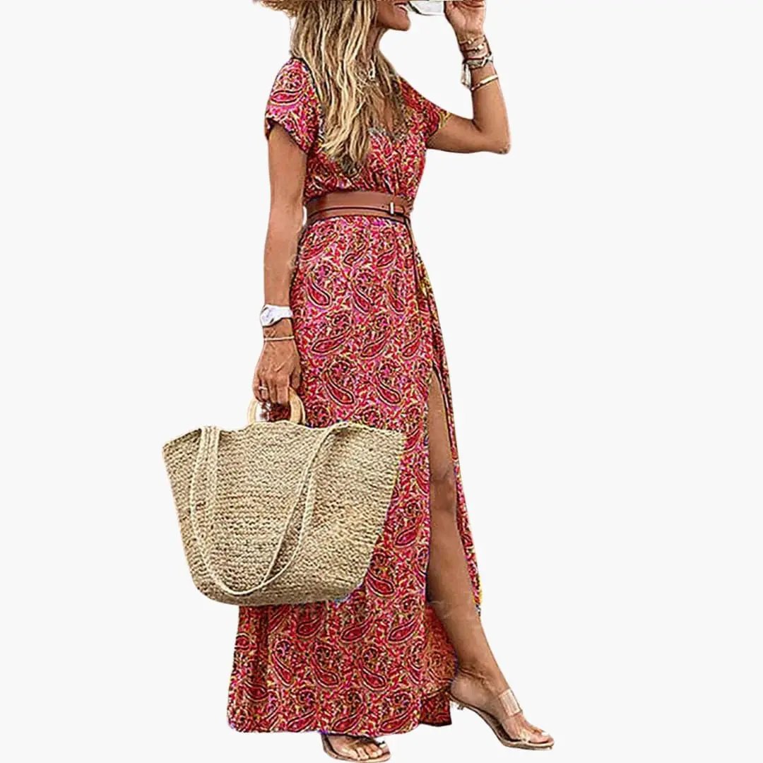Vestido maxi mujer Manga corta Cintura fruncida