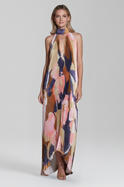 Vestido maxi mujer con cuello halter y diseño plisado