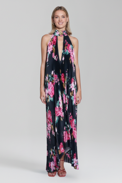 Vestido maxi mujer con cuello halter y diseño plisado