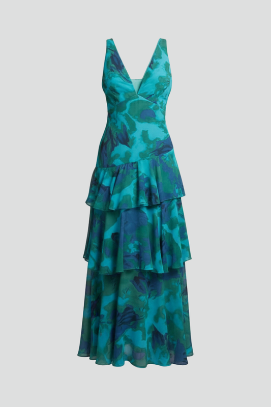 Vestido maxi mujer con escote en V y falda en capas - Mavetta