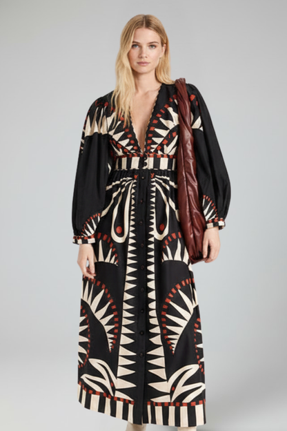 Vestido largo mujer con manga larga y escote en V