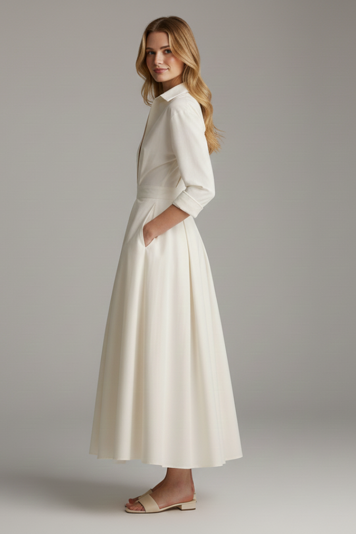 Vestido midi mujer con botones frontales y cuello camisero