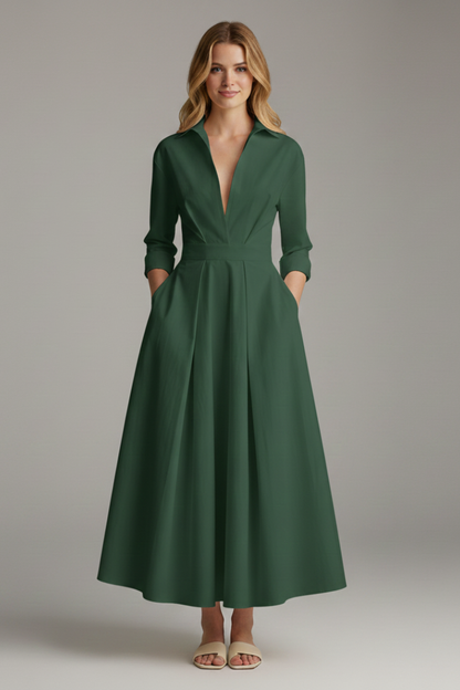 Vestido midi mujer con botones frontales y cuello camisero