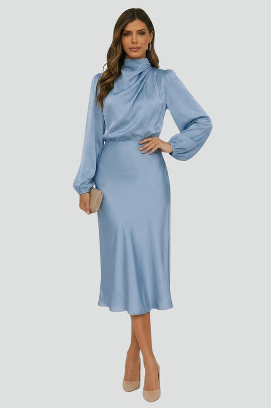 Vestido Midi Mujer Manga Larga Cuello Alto