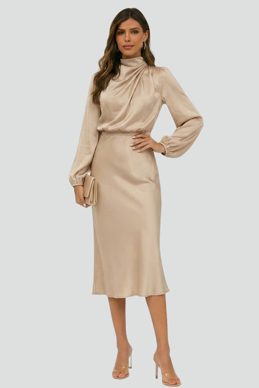 Vestido Midi Mujer Manga Larga Cuello Alto