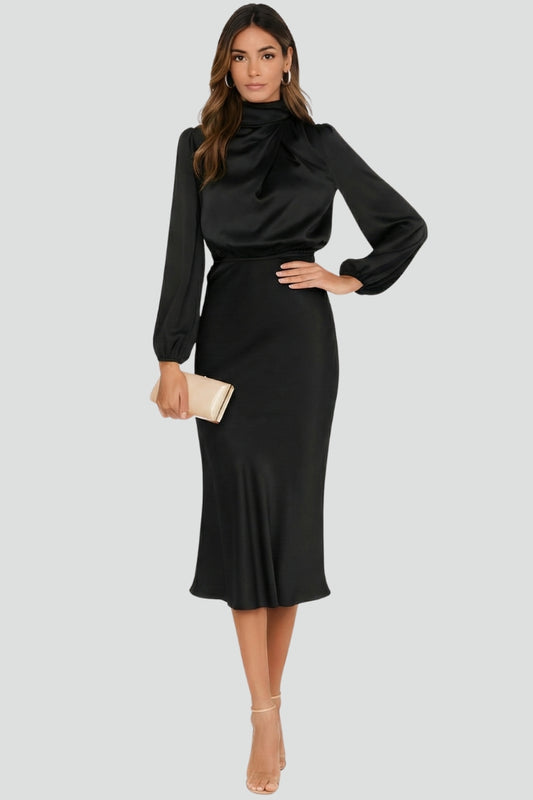 Vestido Midi Mujer Manga Larga Cuello Alto