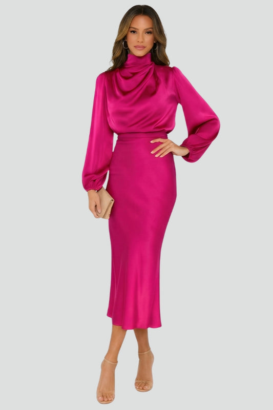 Vestido Midi Mujer Manga Larga Cuello Alto