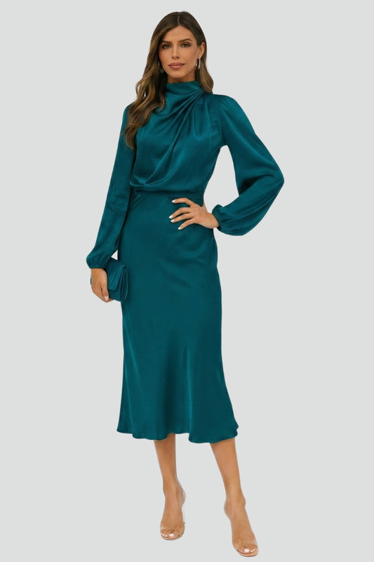 Vestido midi Mujer Cuello alto Manga larga