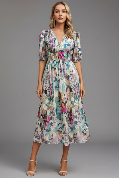 Vestido midi mujer de tela ligera escote en V