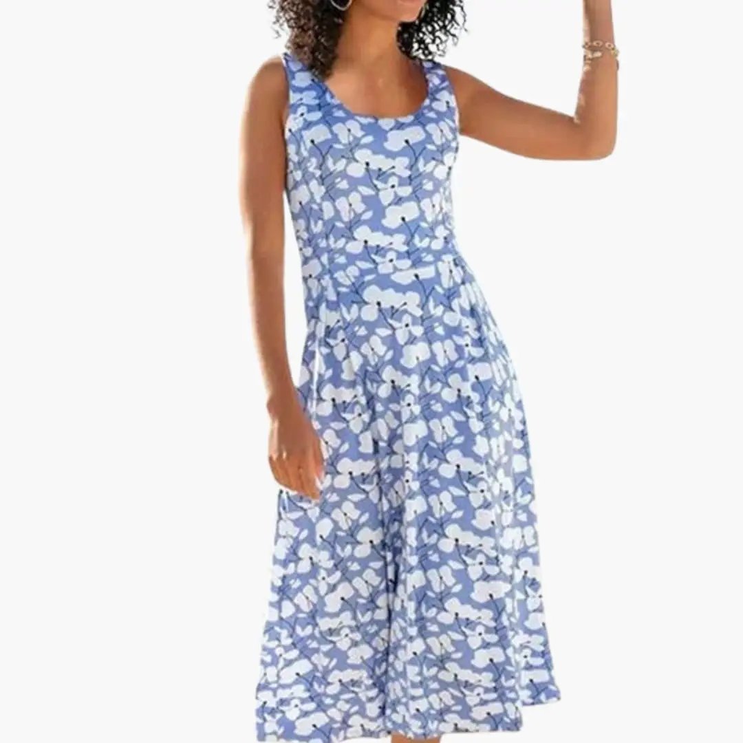 Vestido midi Mujer Gasa Floral Cuello Redondo