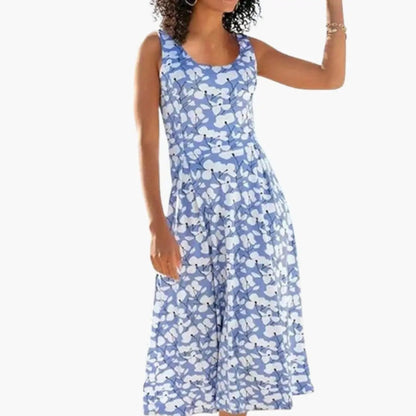 Vestido midi Mujer Gasa Floral Cuello Redondo