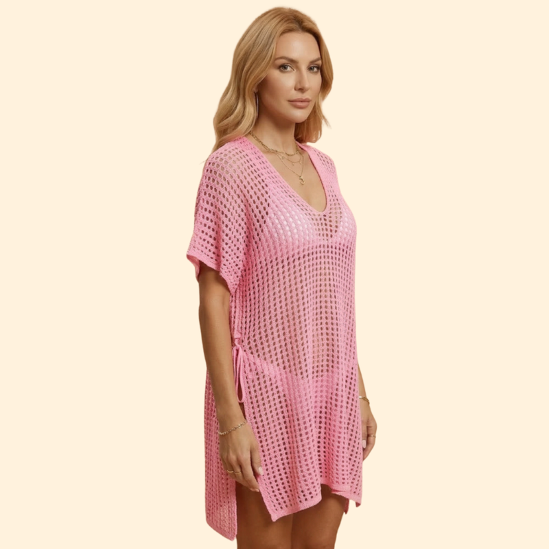 Vestido Playa Mujer de Punto Calado Manga Corta