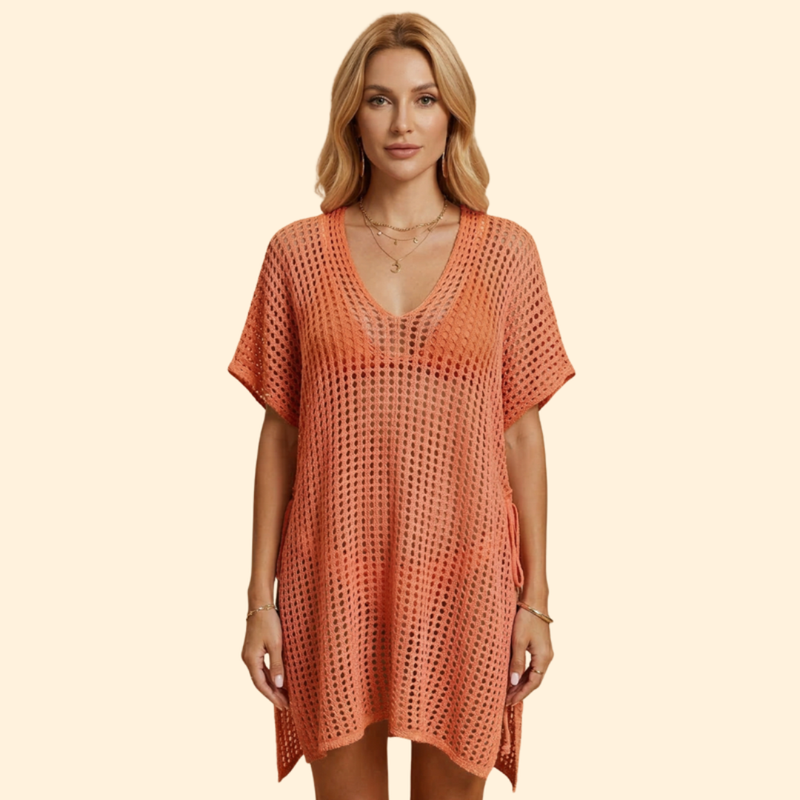 Vestido Playa Mujer de Punto Calado Manga Corta