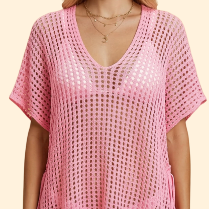 Vestido Playa Mujer de Punto Calado Manga Corta